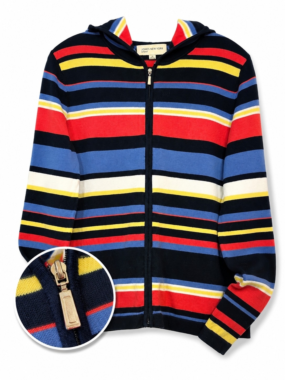 Jones New York Sport Hooded Zip Front Striped Sweater Medium Cotton Blend